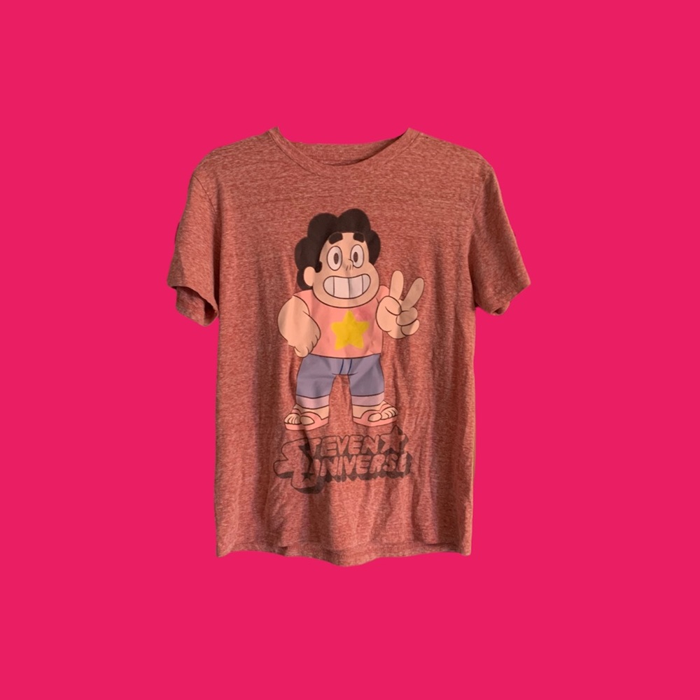 Steven Universe Mens T-Shirt - Steven Shooting Peace Sign Over Logo Image